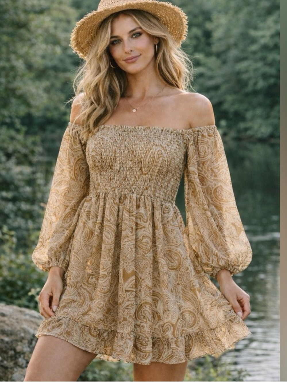 Tan and white  Paisley Smocked Mini Dress, size small